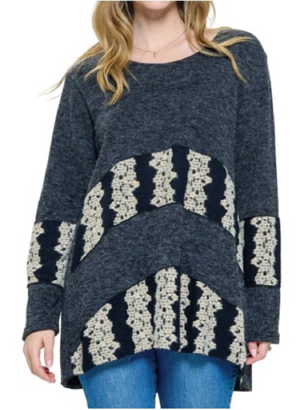 Yak & Yeti Charcoal Knit Pullover with gold Cream Lace-Inset Panels size small
